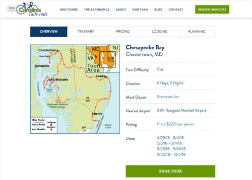 Carolina Tailwinds' website automatically formats bike tour information into an organized table