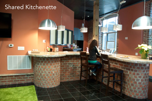 Trade Street office space shared kitchen available for rent in downtown Winston-Salem
